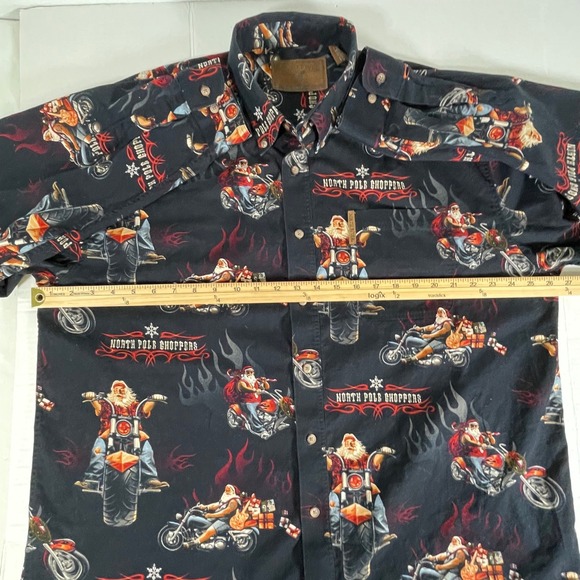 Mens Santa North Pole Choppers Motorcycle Graphic Button Up Shirt XL Long Sleeve - Picture 9 of 11